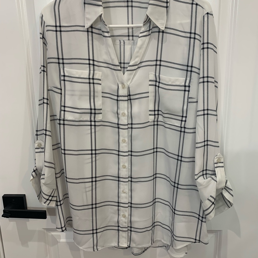 Women's White Plaid Button-Up Blouse